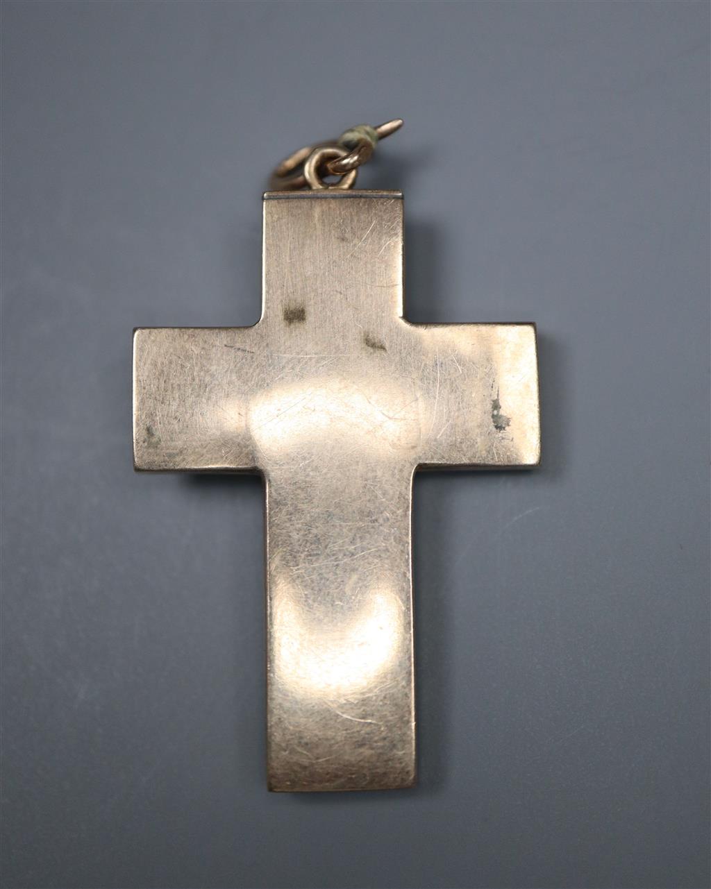 A late Victorian yellow metal, turquoise and seed pearl cluster set cross pendant, 36mm, gross 8.5 grams.